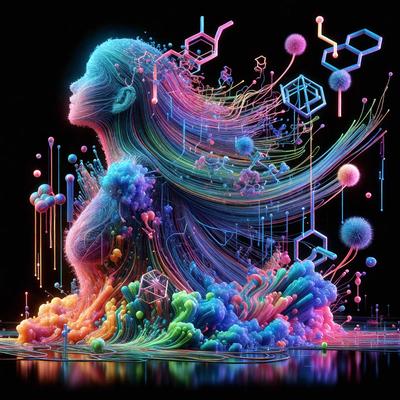 The primary subject of the image is a woman with long hair, who is the main focus of the scene. She is surrounded by a vibrant and colorful environment, which includes a variety of shapes, patterns, and colors. The setting appears to be a futuristic or digital art-inspired background, with a mix of neon and pastel colors. The visual style of the image is a combination of photo, digital art, and illustration, creating a unique and captivating atmosphere.